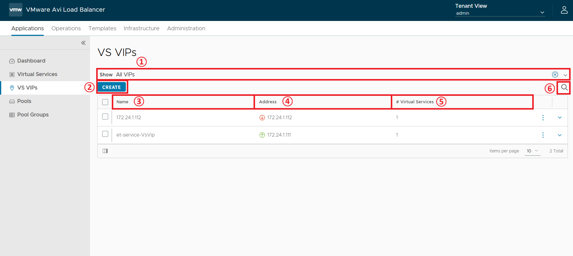 VS VIPs (Virtual Service Virtual IPs) 화면