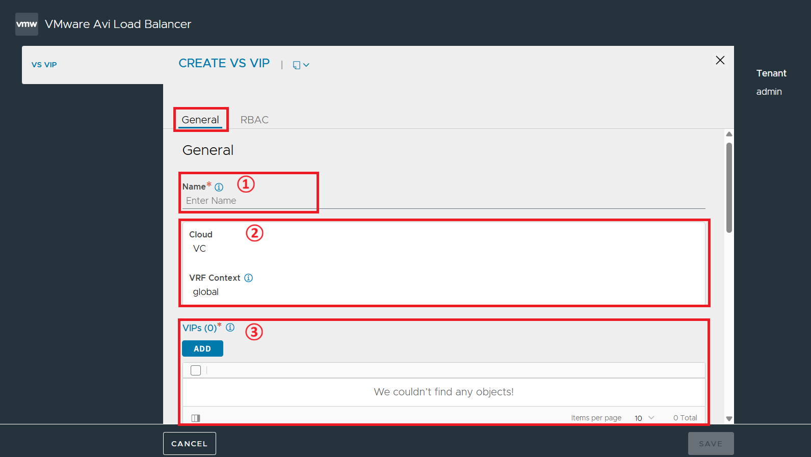 VS VIPs (Virtual Service Virtual IPs) 화면