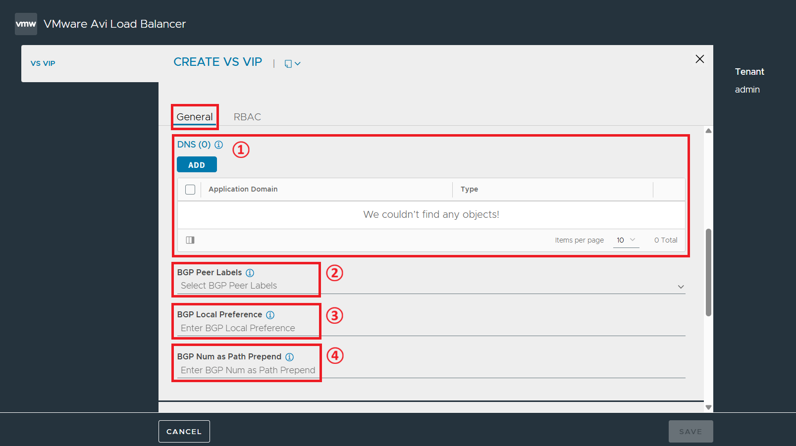 VS VIPs (Virtual Service Virtual IPs) 화면