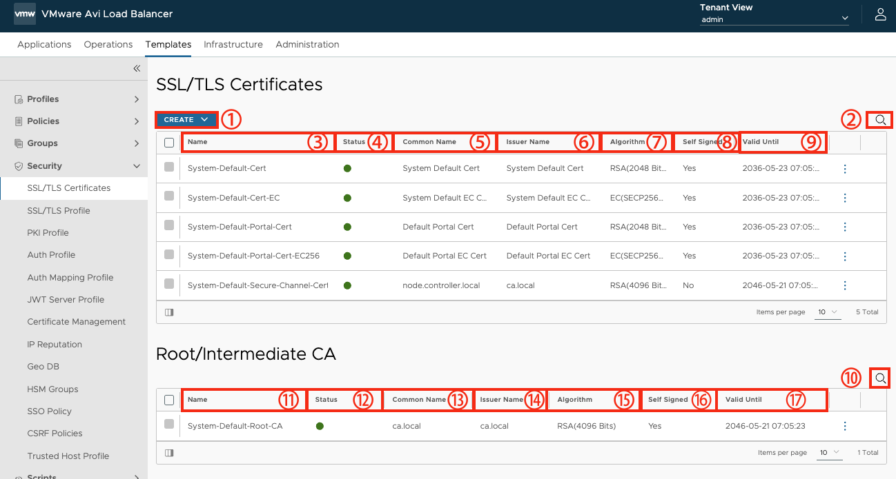 SSL/TLS Certificates 화면