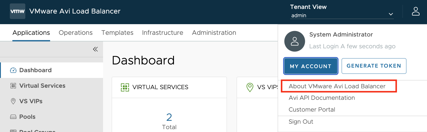 About VMware Avi Load Balancer 화면