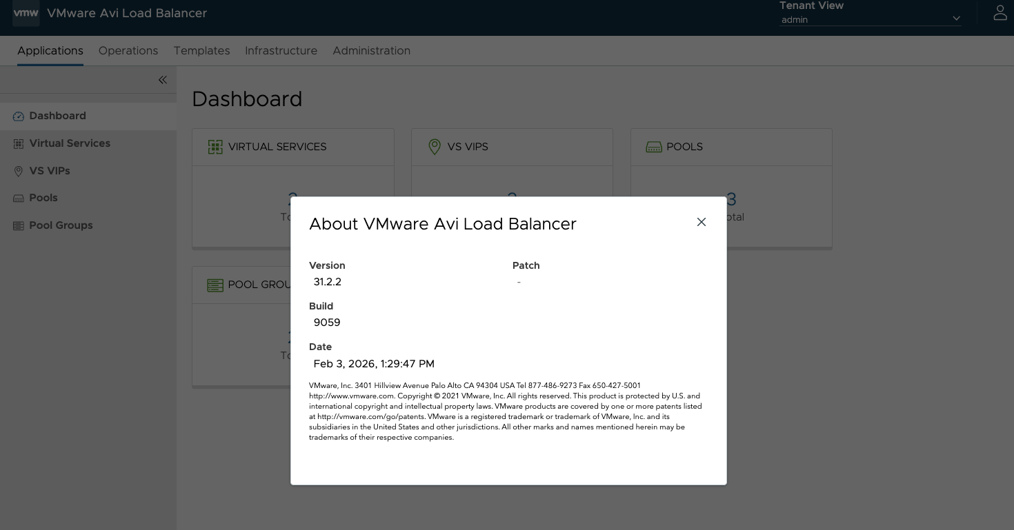 About VMware Avi Load Balancer 화면