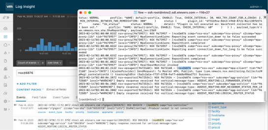 VMware Aria Operations for Logs 대시보드 위에 NSX 로그가 출력된 터미널 창을 겹쳐 놓은 화면.