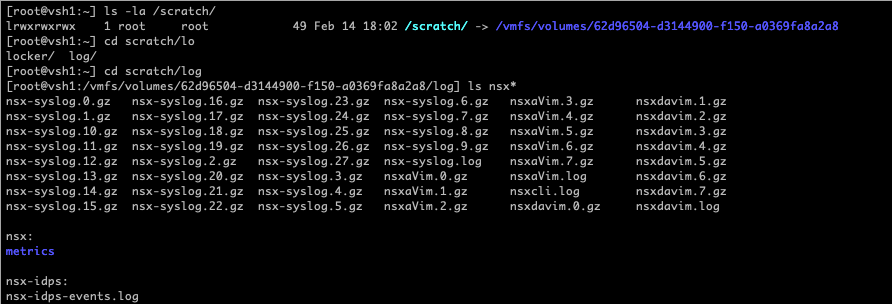 ESXi 셸에서 /scratch/log의 nsx-syslog.log와 순환 보관된 압축 로그 파일들을 조회한 터미널 화면.