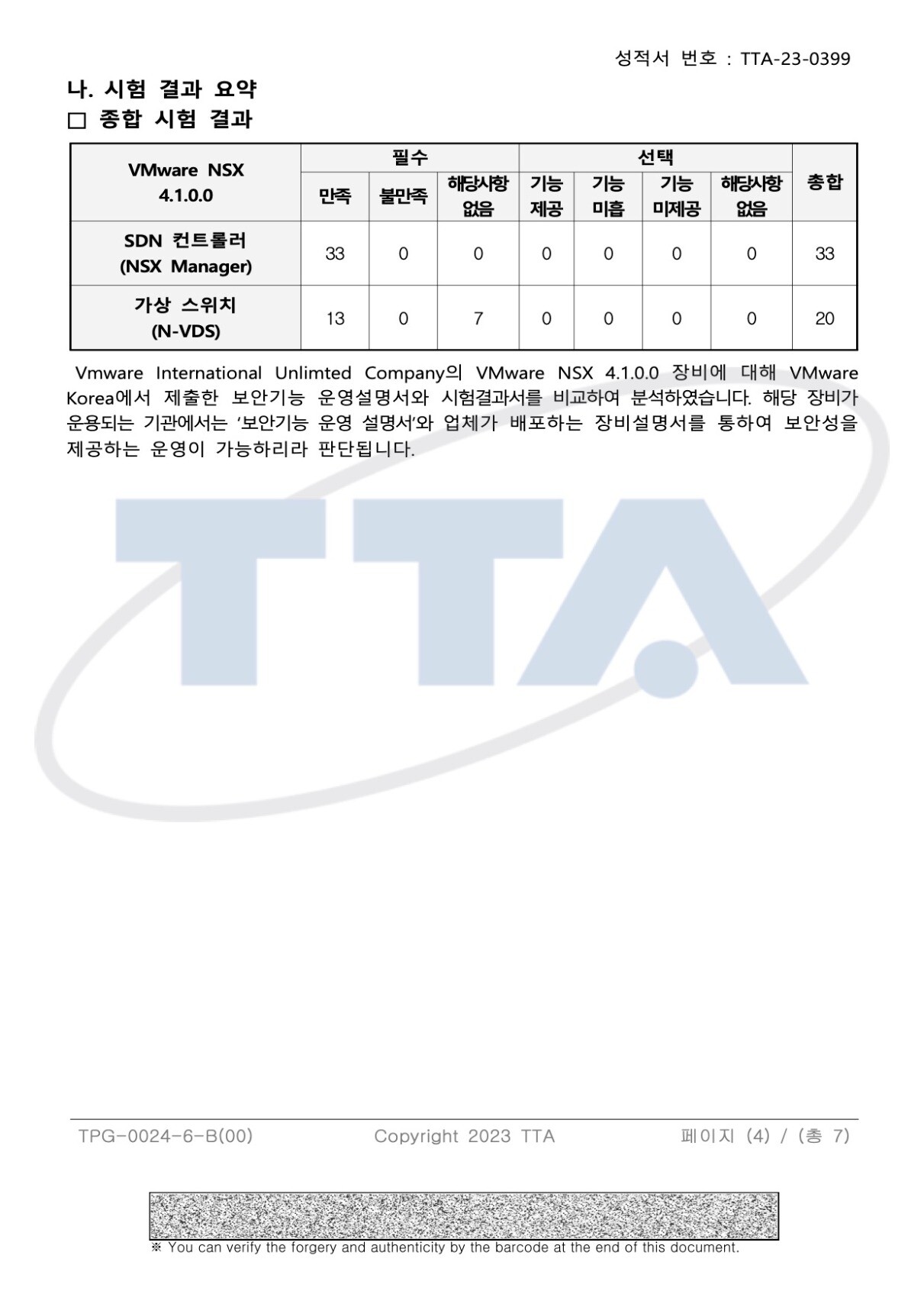 TTA 시험 문서에서 VMware NSX의 보안 기능 항목별 평가 결과를 표로 제시한 페이지.