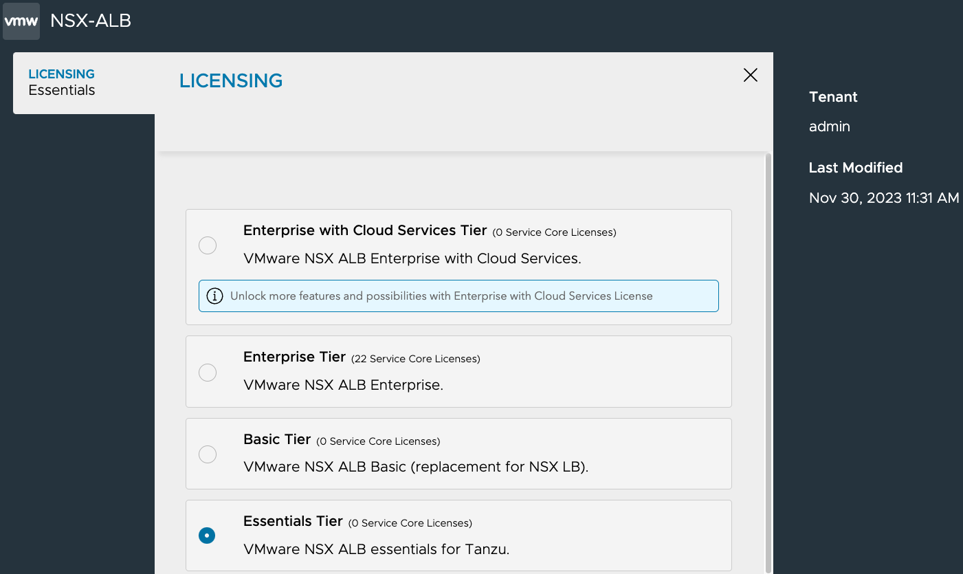 NSX Advanced Load Balancer Licensing 창에서 Enterprise, Basic, Essentials 라이선스 옵션과 Essentials 선택 상태를 보여주는 화면.