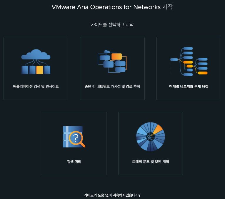 VMware Aria Operations for Networks 시작 화면에 애플리케이션·물리 데이터센터·엔터티 탐색 등 다섯 개 안내 타일이 표시된 모습.
