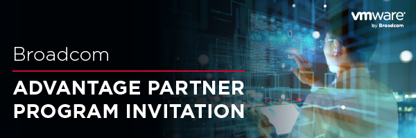 Broadcom Advantage Partner Program Invitation 문구와 VMware by Broadcom 로고가 있는 초대 배너.
