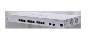 여러 RJ45 포트와 업링크 포트가 있는 흰색 Cisco Business 350 계열 소형 스위치 제품 사진.