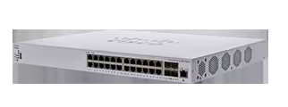 다수의 RJ45 포트와 업링크 포트가 있는 흰색 Cisco Business 350 계열 랙형 스위치 제품 사진.