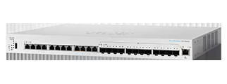 RJ45 포트와 여러 SFP+ 슬롯을 함께 갖춘 흰색 Cisco Business 350 계열 랙형 스위치 제품 사진.