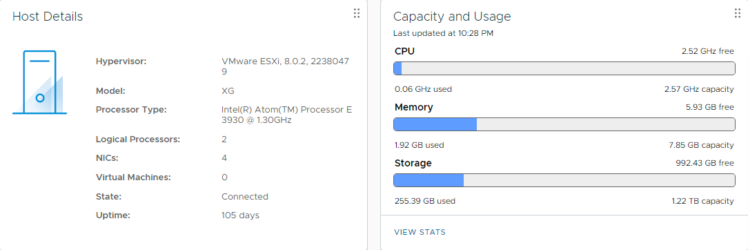 vSphere Host Details와 Capacity and Usage에 ESXi 8.0.2 호스트의 CPU, 메모리, 스토리지 사용량이 표시된 화면.