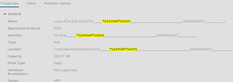 vSphere 로컬 ATA 디스크 속성에서 223.57GB 용량과 플래시 드라이브 정보, 식별자를 표시한 화면.