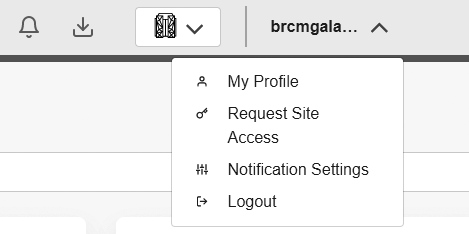Broadcom Support 포털 계정 메뉴에 My Profile, Request Site Access, Notification Settings, Logout가 표시된 화면.