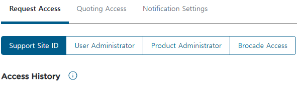 Broadcom Support 포털 Request Access 화면에 Support Site ID, User Administrator, Product Administrator, Brocade Access 탭이 표시된 모습.