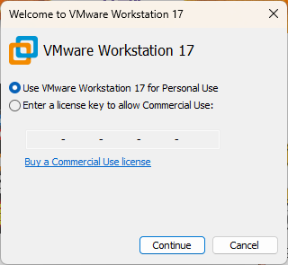 VMware Workstation 17 시작 창에서 Personal Use가 선택되고 Commercial Use 라이선스 입력 옵션이 함께 표시된 화면.