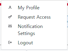 Broadcom 포털 프로필 메뉴에 My Profile, Request Access, Notification Settings, Logout가 표시된 화면.