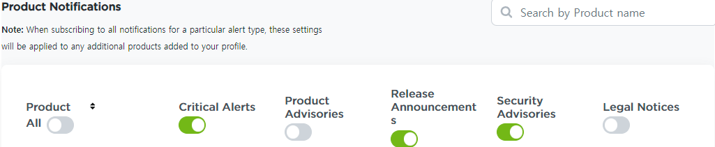 Broadcom Product Notifications 화면에서 Critical Alerts와 Release·Security Advisories 등 알림 토글을 표시한 모습.