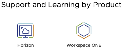 Support and Learning by Product 제목 아래 Horizon과 Workspace ONE 아이콘만 표시된 화면.