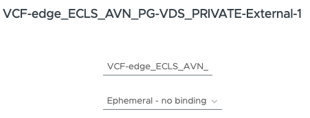 vCenter 네트워크 선택 화면에서 VCF Edge 포트 그룹과 Ephemeral - no binding 유형을 표시한 모습.