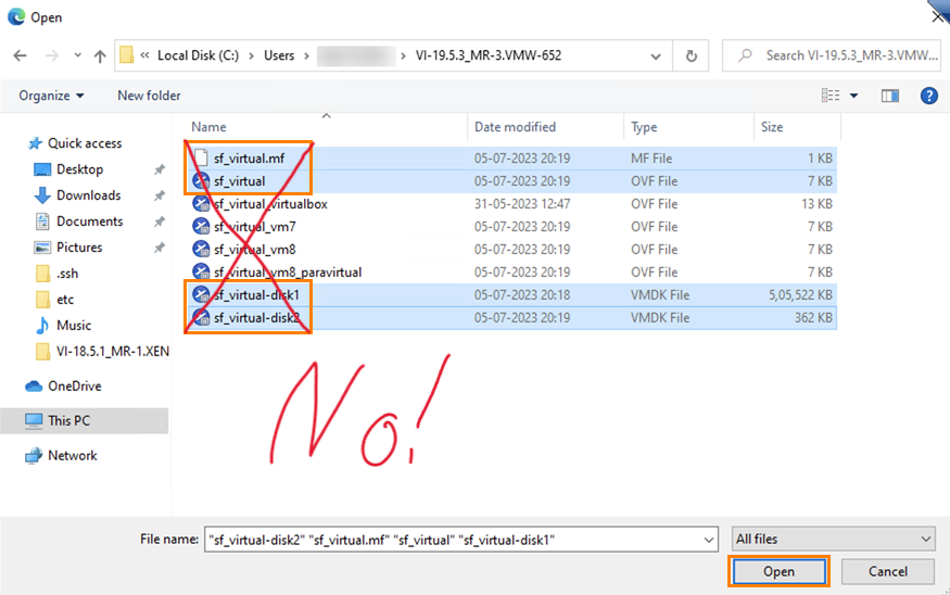 Windows 파일 선택창에 Sophos Firewall 가상 어플라이언스 구성 파일들이 보이고 일부 항목에 빨간 X와 No 주석이 그려진 화면.