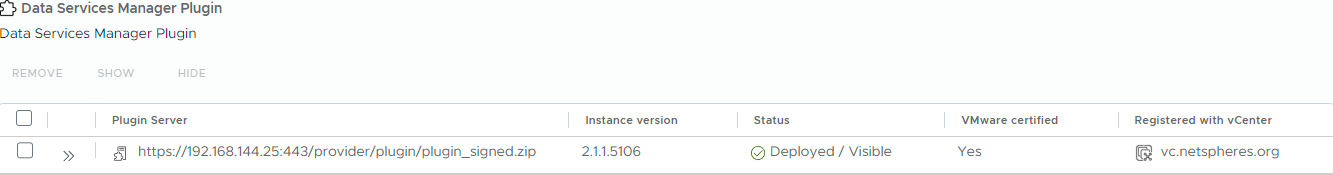 vCenter의 Data Services Manager Plugin 화면에 플러그인 한 개의 버전과 배포 상태가 표시된 모습.