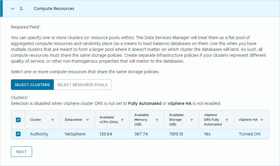 Data Services Manager Compute Resources 단계에서 두 vSphere 클러스터와 CPU·메모리·DRS·HA 상태를 선택하는 화면.
