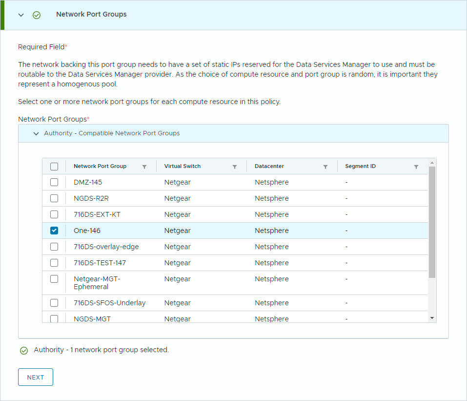 Data Services Manager Network Port Groups 단계에서 가상 네트워크 목록 중 호환 포트 그룹을 선택한 화면.