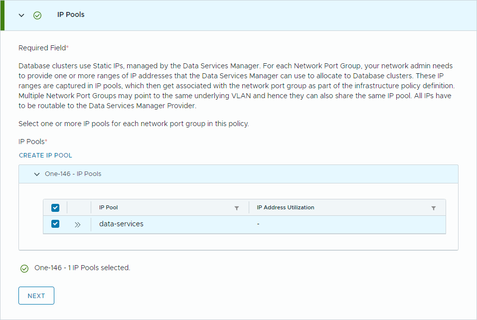 Data Services Manager IP Pools 단계에서 data-services IP 풀 한 개를 선택한 화면.