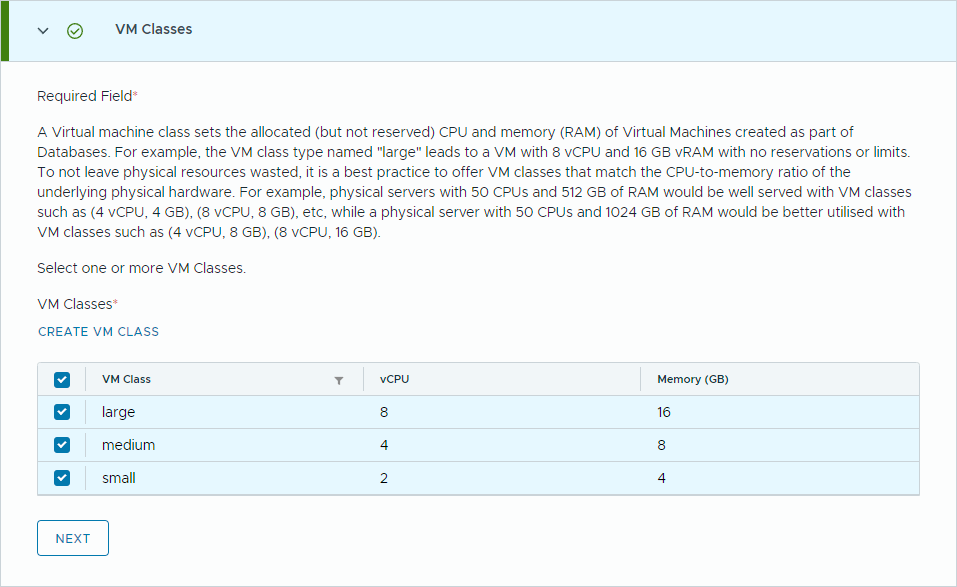 Data Services Manager VM Classes 단계에서 large·medium·small 등급의 vCPU와 메모리를 표로 표시한 화면.