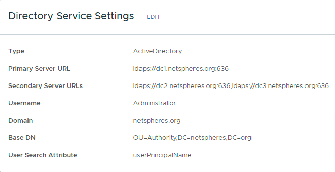 Directory Service Settings 화면에 Active Directory LDAPS 서버, 도메인, Base DN 항목이 채워진 모습.