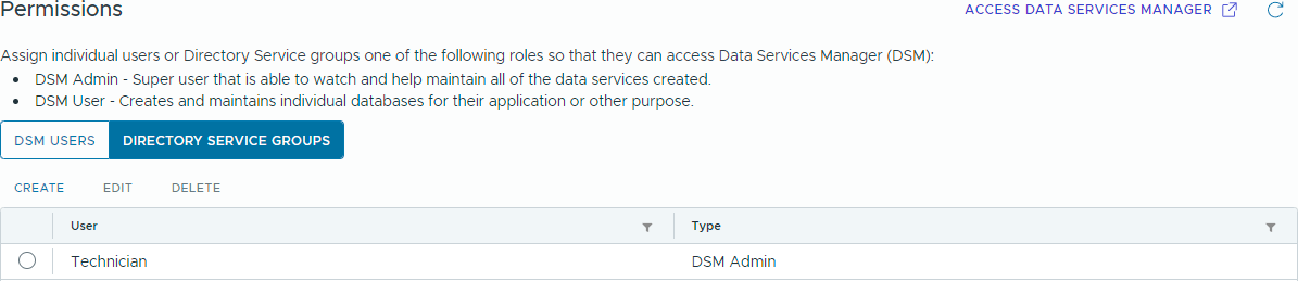 Data Services Manager Permissions 화면에서 사용자 한 명에게 DSM Admin 역할이 지정된 모습.