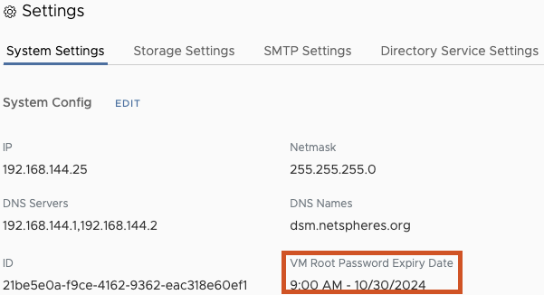 Data Services Manager System Settings에서 IP·DNS 정보와 VM Root Password Expiry Date가 붉은 상자로 강조된 화면.