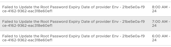 Failed to Update the Root Password Expiry Date of provider Env 감사 메시지가 시간대별로 반복된 로그 목록.
