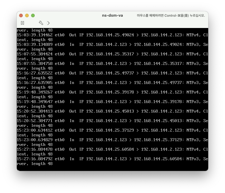 터미널 스크린샷으로, 여러 IP 사이의 UDP 123 NTP 패킷이 연속 출력됨.
