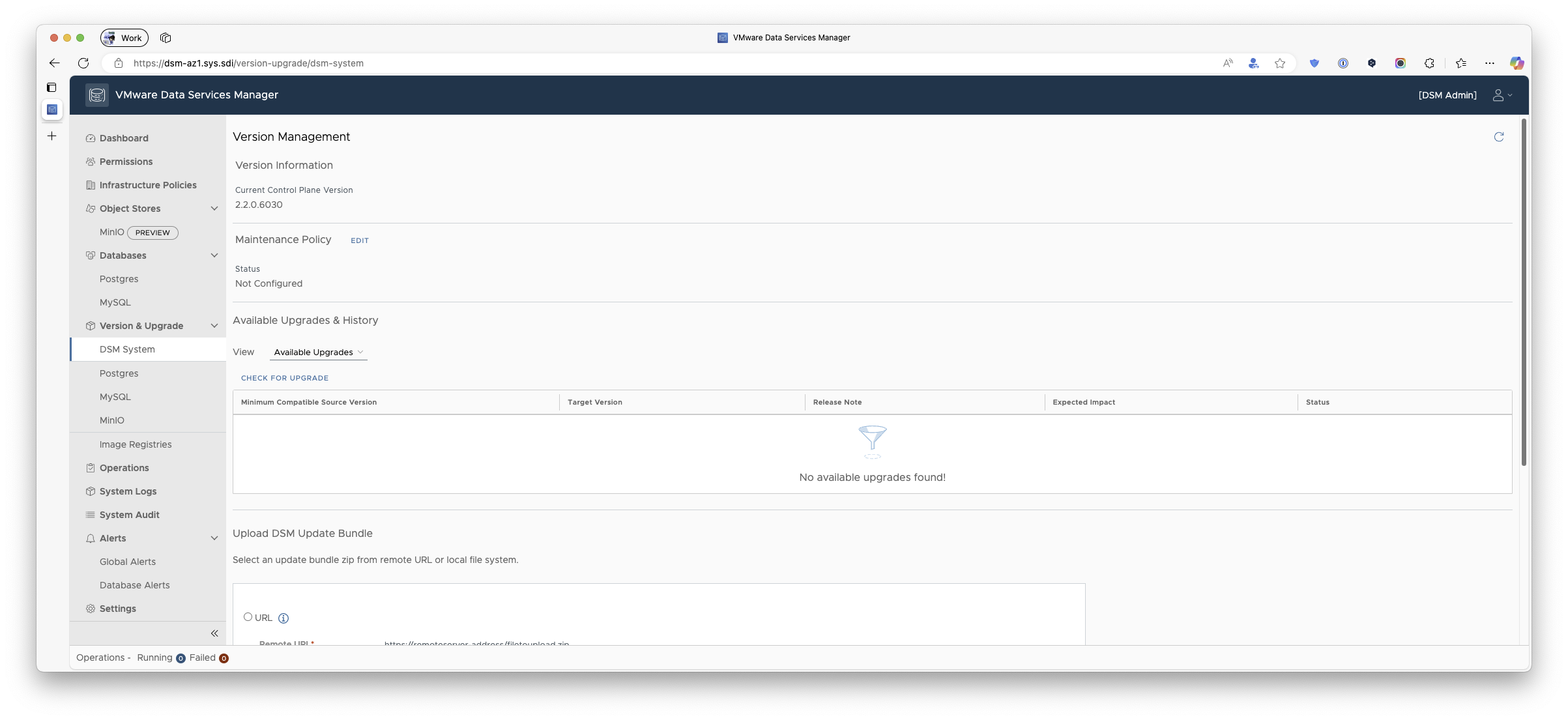 VMware Data Services Manager Version Management 스크린샷으로, 현재 버전 2.2.0.6030과 사용 가능한 업그레이드 없음, 업데이트 번들 업로드 영역이 표시됨.
