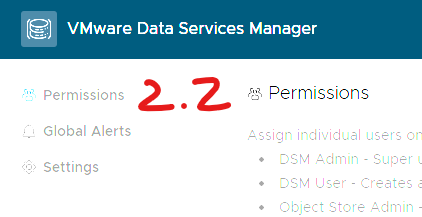 VMware Data Services Manager Permissions 화면으로, DSM Admin·DSM User·Object Store Admin 역할 안내와 2.2 표시가 보임.