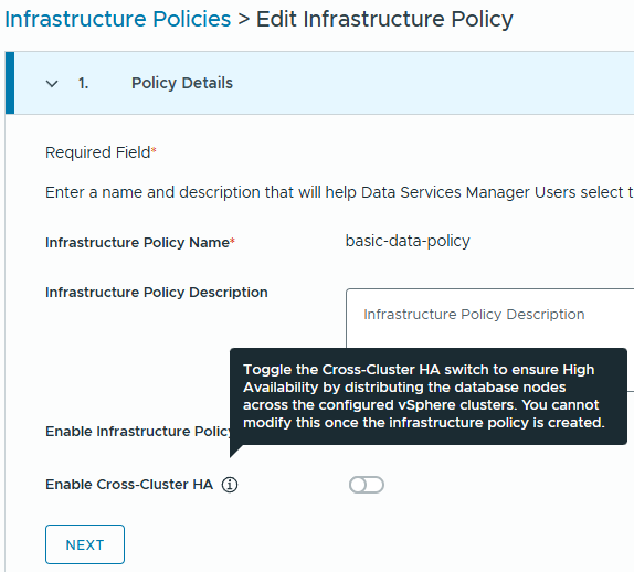Infrastructure Policy 편집 스크린샷으로, basic-data-policy 이름과 Cross-Cluster HA 토글 설명이 표시됨.