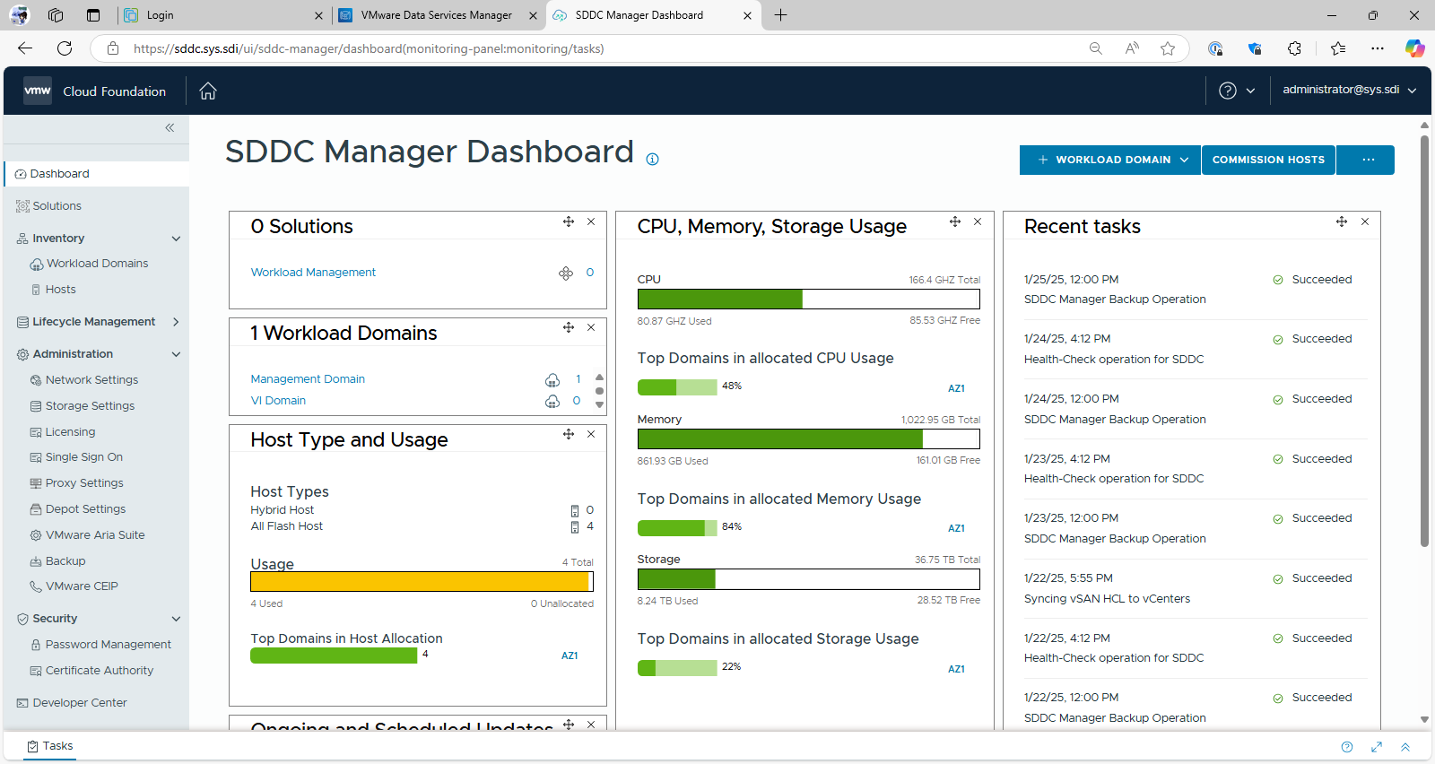 SDDC Manager Dashboard 스크린샷으로, 솔루션 상태와 CPU·메모리·스토리지 사용량, 최근 작업 위젯이 표시됨.