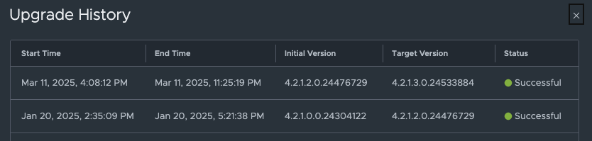 Upgrade History 표 스크린샷으로, NSX 초기·목표 버전과 두 차례 업그레이드 성공 상태가 표시됨.