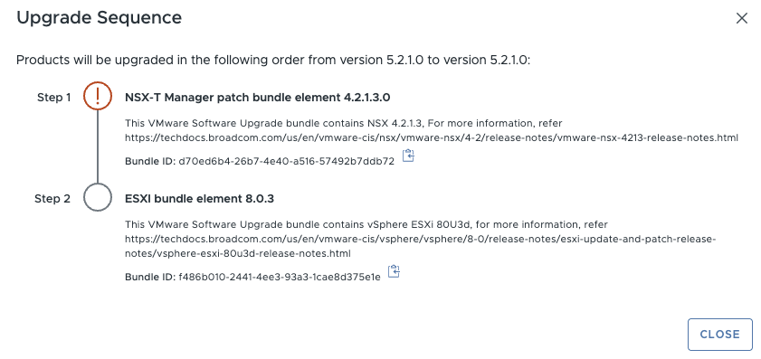 Upgrade Sequence 대화상자 스크린샷으로, NSX-T Manager 패치 번들과 ESXi 번들을 적용하는 순서가 단계별로 표시됨.