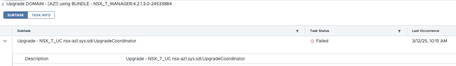 NSX-T Manager 번들 업그레이드 작업 스크린샷으로, UpgradeCoordinator 하위 작업이 Failed 상태임.
