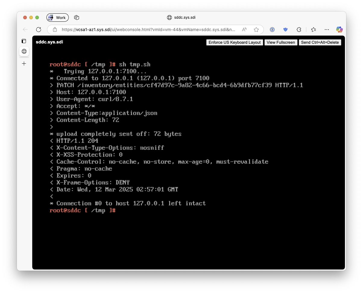 원격 콘솔 스크린샷으로, localhost 7100의 inventory entities API에 PATCH 요청을 보내 HTTP 204를 받은 curl 결과가 표시됨.
