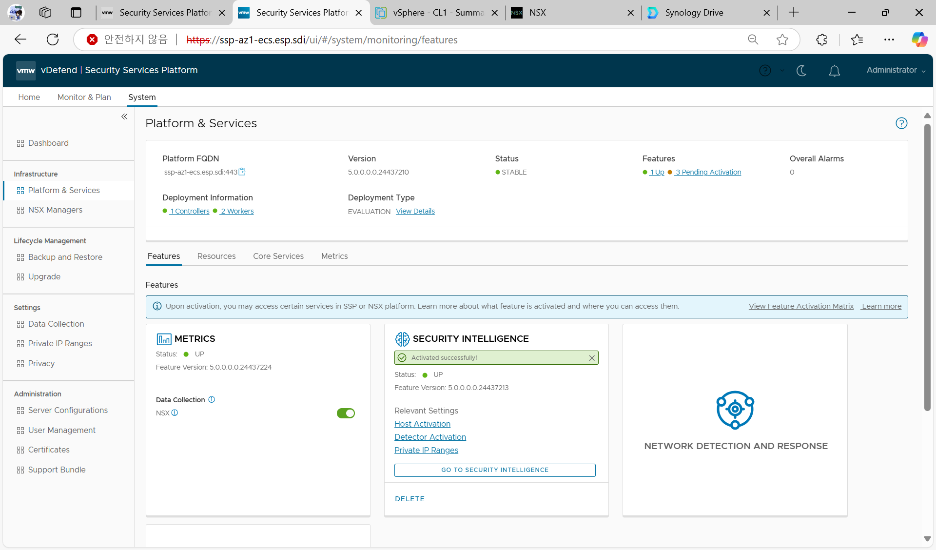 Platform & Services 화면으로, Security Intelligence와 Kubernetes 관련 통합 서비스 카드가 표시됨.
