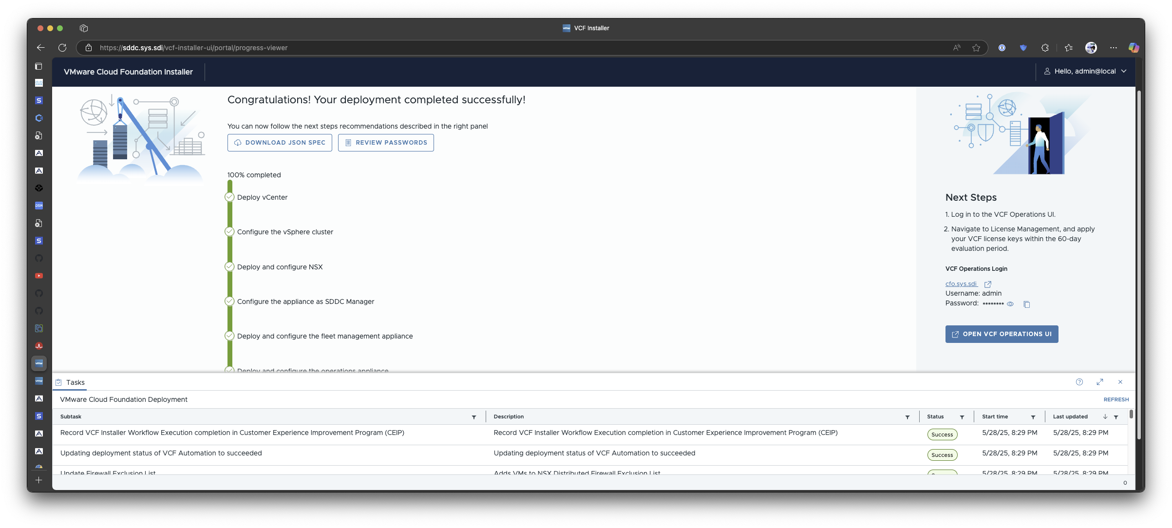 VMware Cloud Foundation Installer 완료 화면으로, 배포 100% 성공과 vCenter·NSX·SDDC Manager 구성 단계의 완료 표시가 보임.