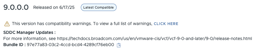 9.0.0.0 릴리스 정보 스크린샷으로, 호환성 경고와 SDDC Manager Updates 링크·번들 ID가 표시됨.