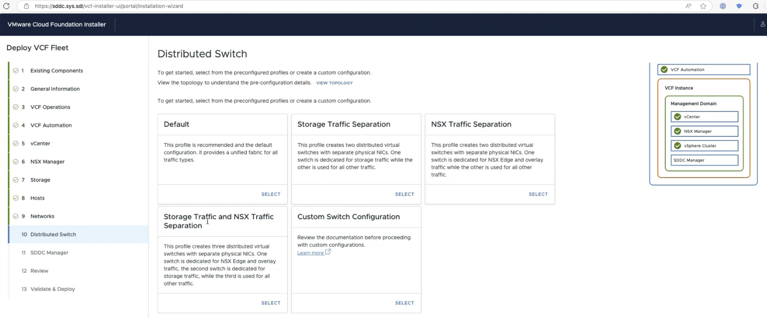 Deploy VCF Fleet의 Distributed Switch 설정 화면으로, 기본·스토리지 트래픽 분리·NSX 트래픽 분리·사용자 정의 구성 선택지가 표시됨.