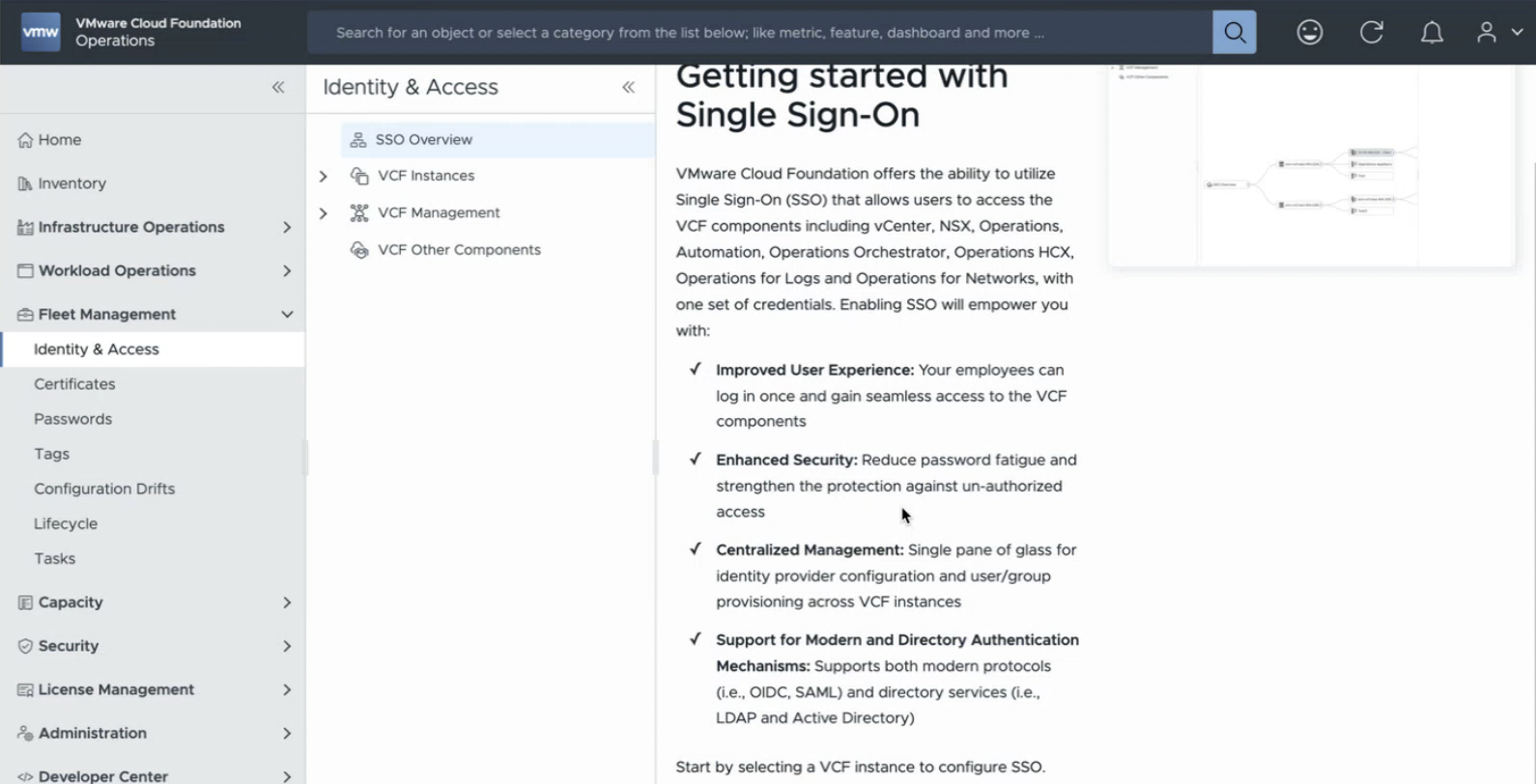 VCF Operations Identity & Access의 Getting started with Single Sign-On 안내 화면.
