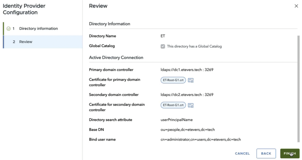 Identity Provider Configuration 검토 화면으로, 디렉터리 이름·도메인 컨트롤러·Base DN·바인드 사용자 정보가 표시됨.