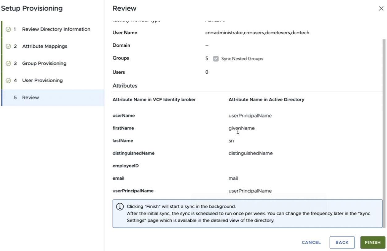 Setup Provisioning 검토 화면으로, 관리자 사용자와 디렉터리 속성 매핑 목록이 표시됨.